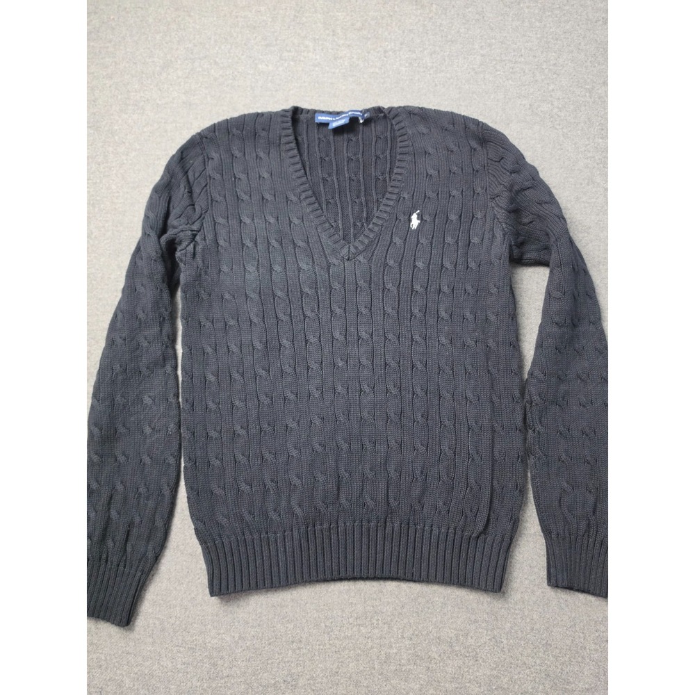 Ralph Lauren Sport Sweater Womens XL Black Cable Knit Pony Logo V-Neck Pullover